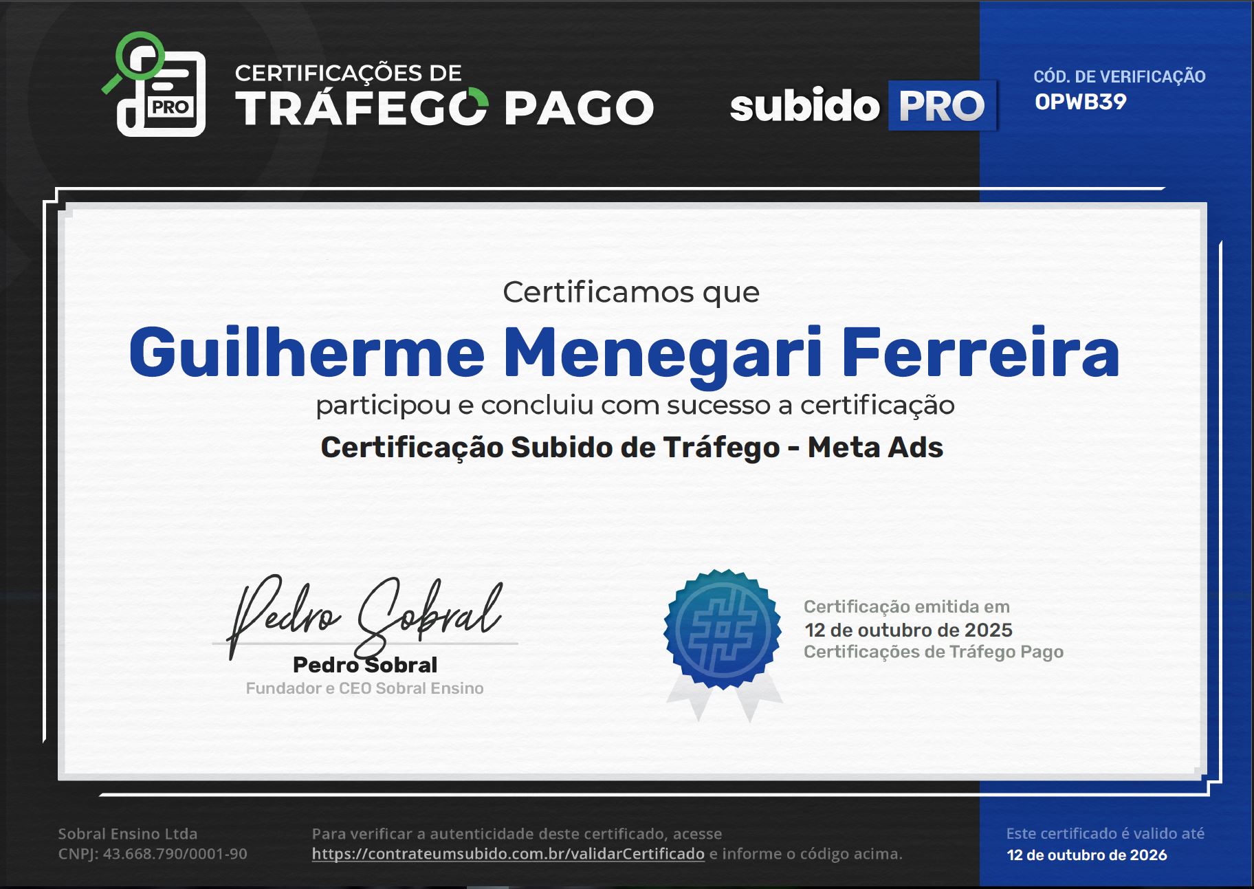 Certificado Meta Ads - Subido PRO